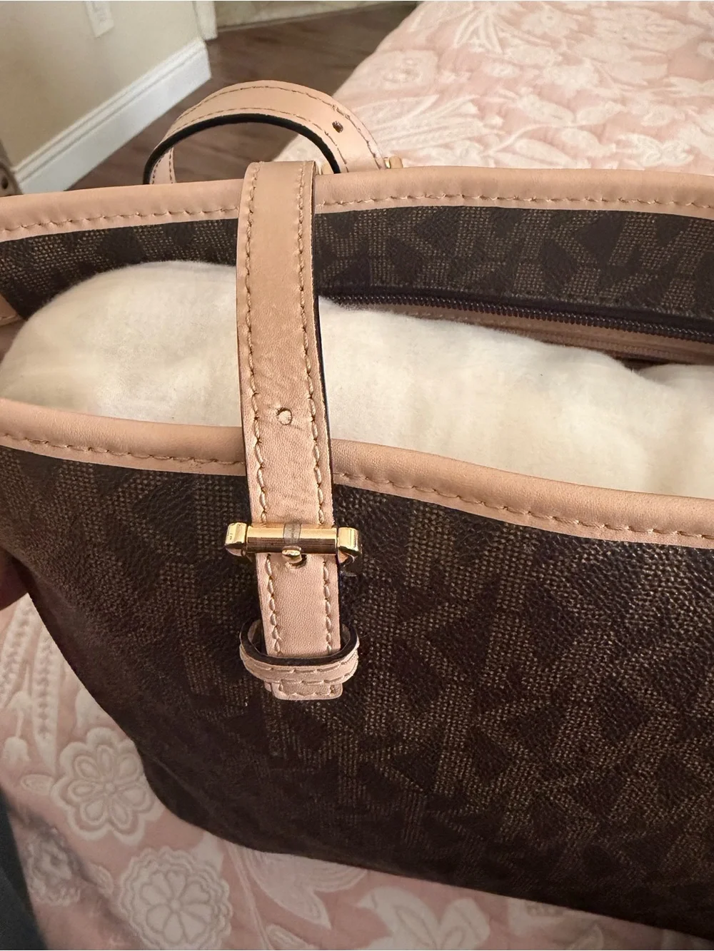 Michael Kors Brown Tote with Blush Trim and Gold Charm
